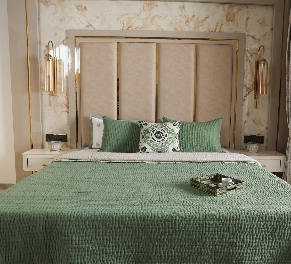 Hand quilted reversable double bed quilt with pompom