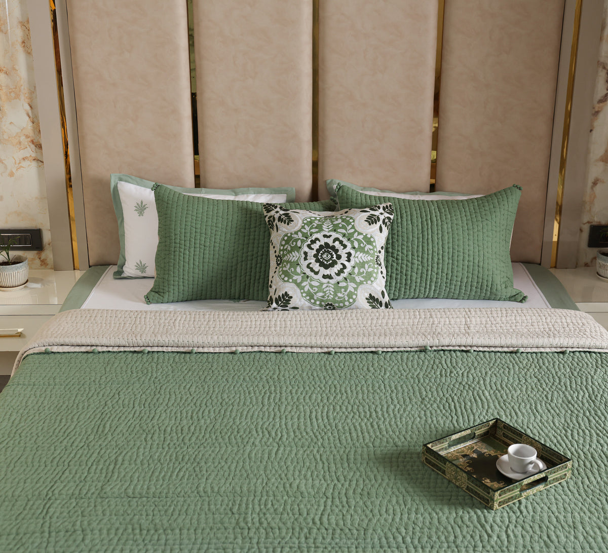 Hand quilted reversable double bed quilt with pompom