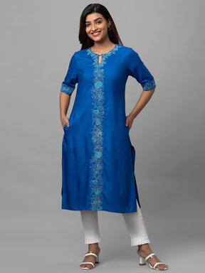 Eco Khadi Silk Blue Hand Embroidered Kurta - Tulika