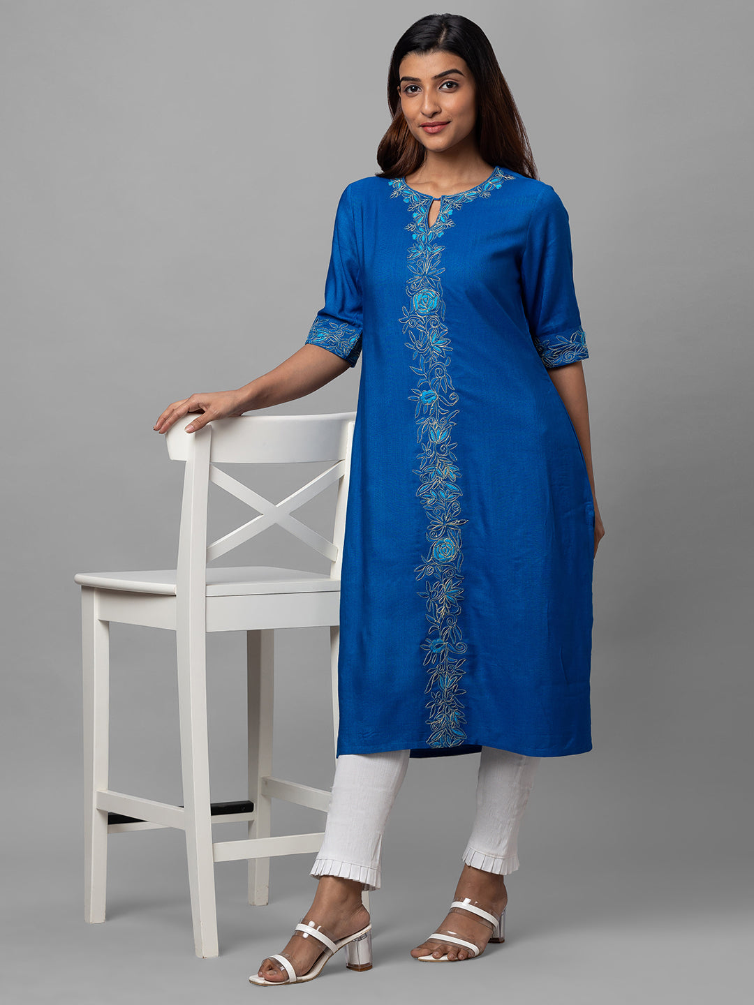 Eco Khadi Silk Blue Hand Embroidered Kurta - Tulika