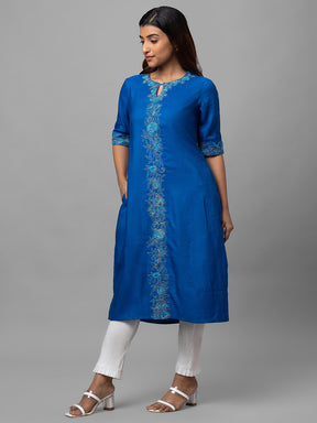 Eco Khadi Silk Blue Hand Embroidered Kurta - Tulika