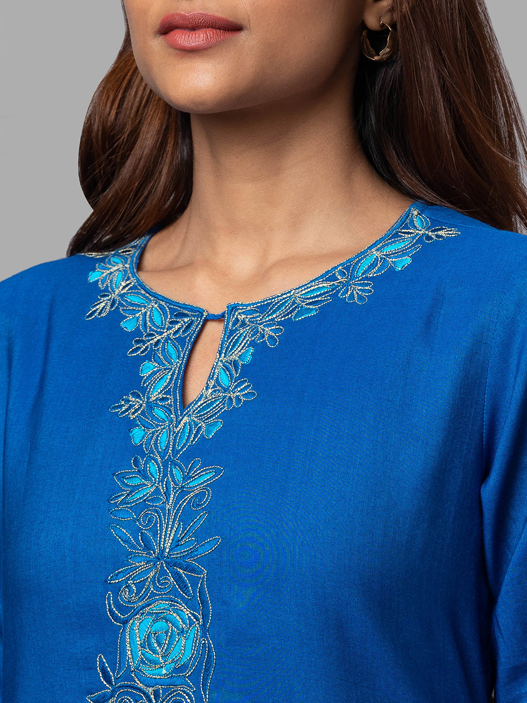 Eco Khadi Silk Blue Hand Embroidered Kurta - Tulika