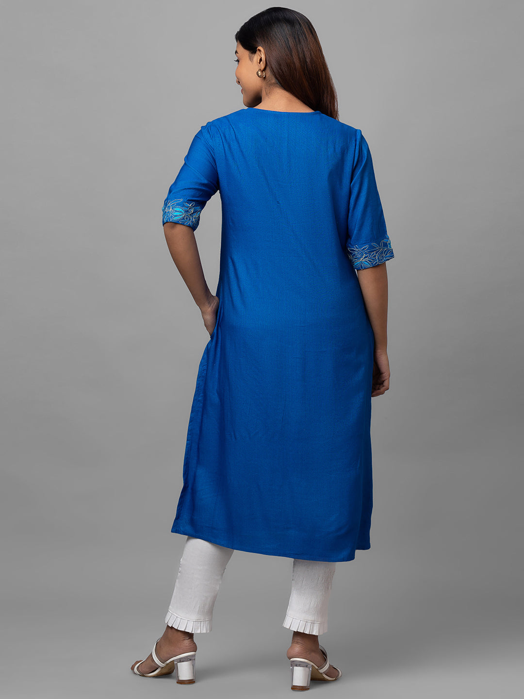 Eco Khadi Silk Blue Hand Embroidered Kurta - Tulika