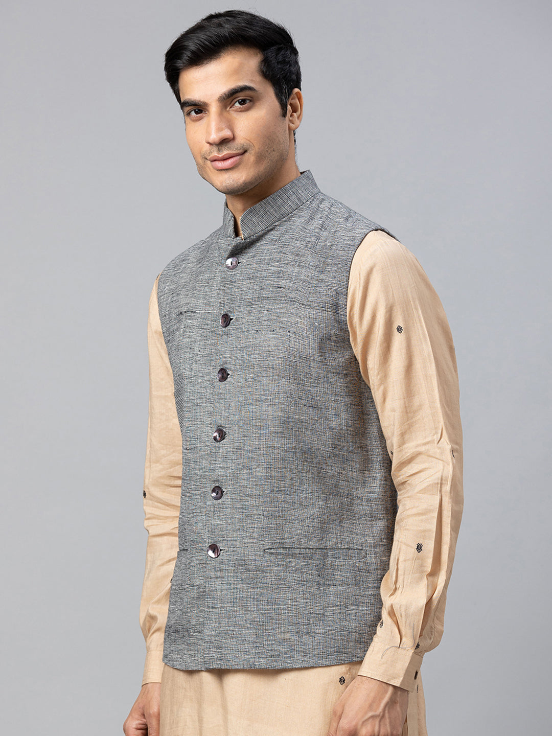 Eco Khadi Cotton Slub Black Nehru Jacket - Rajdeep