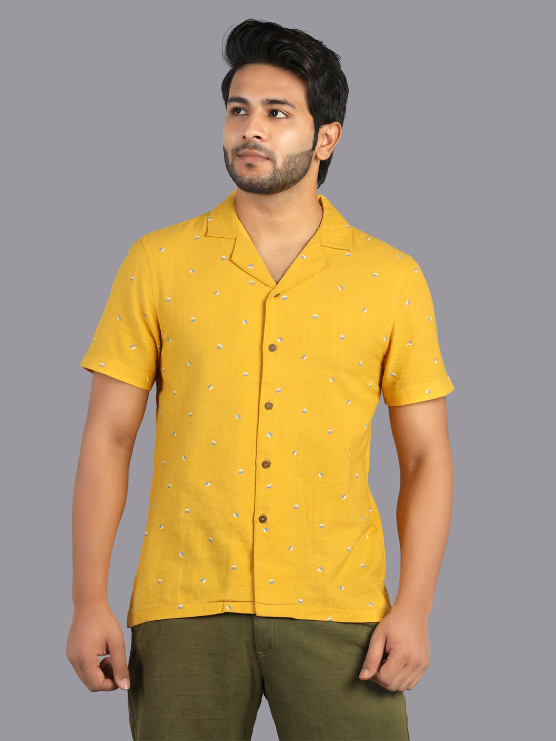 Eco Khadi Cotton Yellow Printed Shirt with Camp Collar - Aagastya