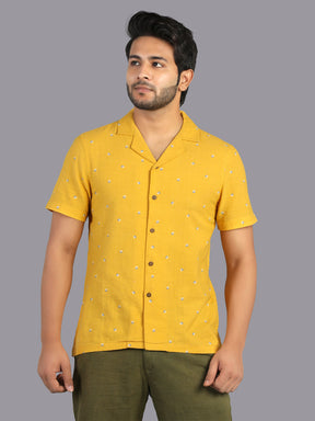 Eco Khadi Cotton Yellow Printed Shirt with Camp Collar - Aagastya