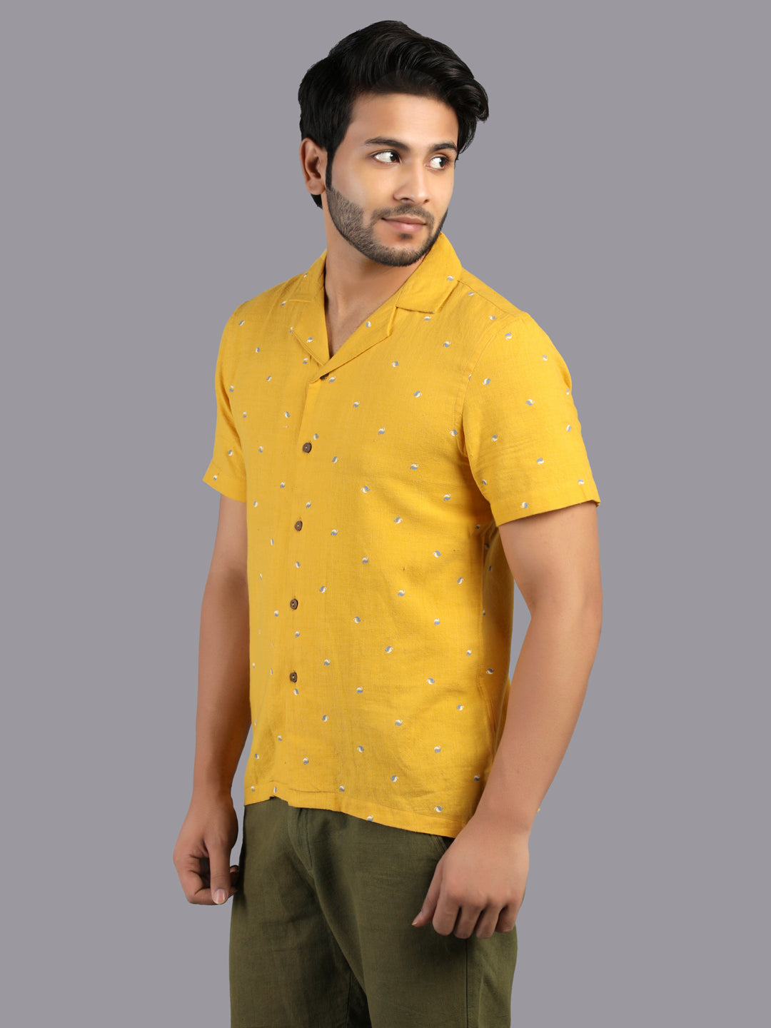 Eco Khadi Cotton Yellow Printed Shirt with Camp Collar - Aagastya