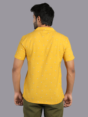 Eco Khadi Cotton Yellow Printed Shirt with Camp Collar - Aagastya