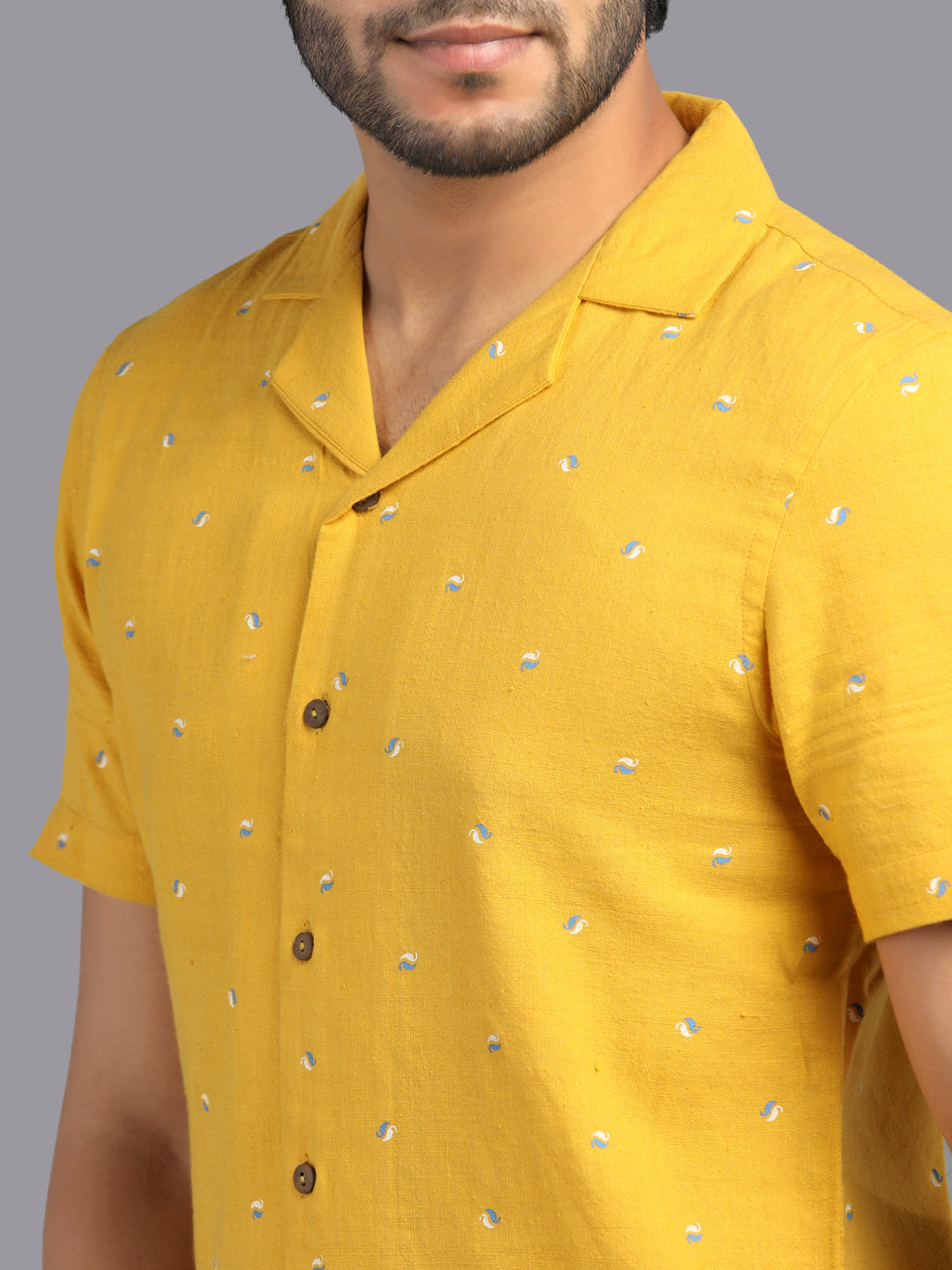 Eco Khadi Cotton Yellow Printed Shirt with Camp Collar - Aagastya