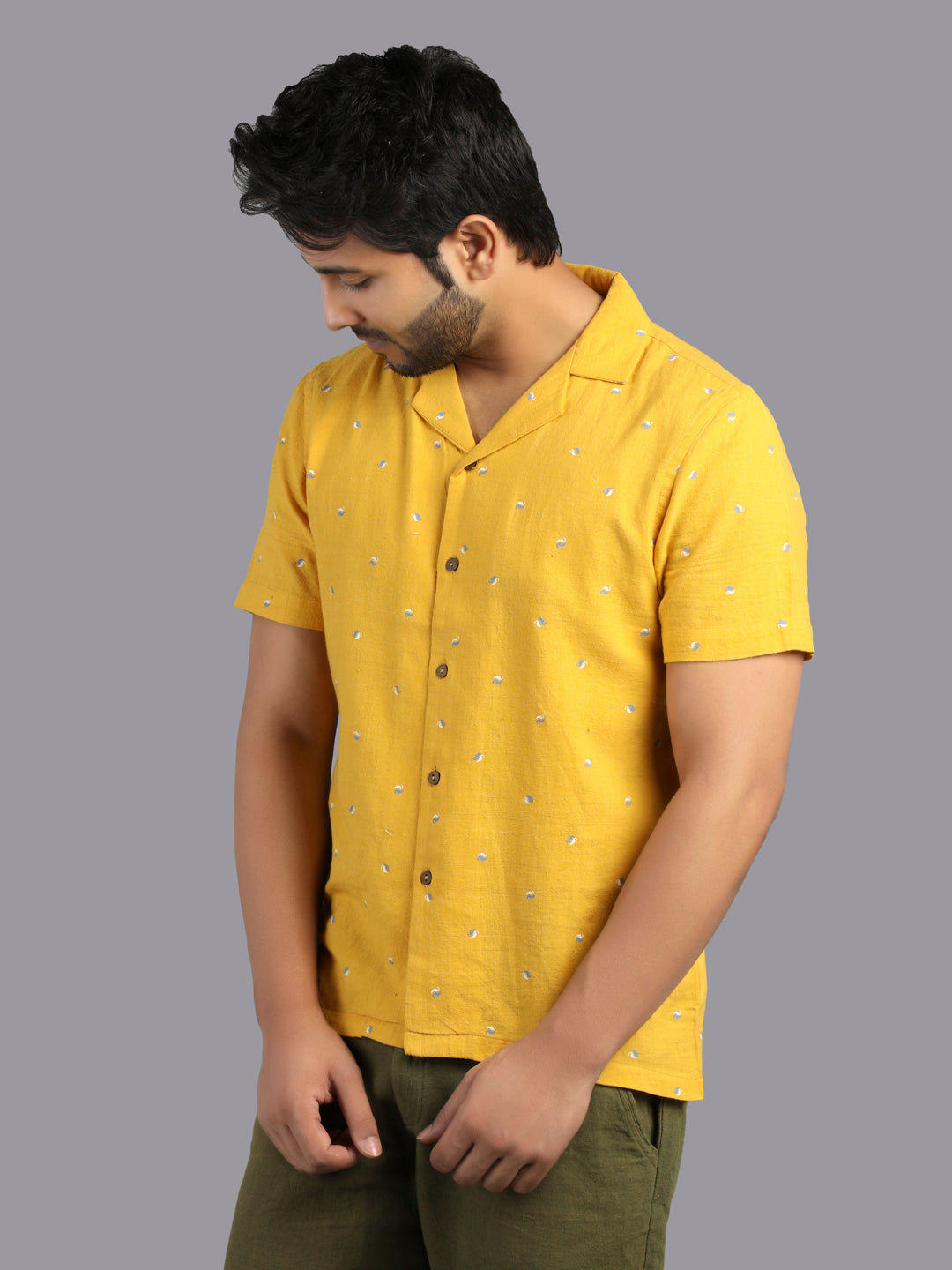 Eco Khadi Cotton Yellow Printed Shirt with Camp Collar - Aagastya