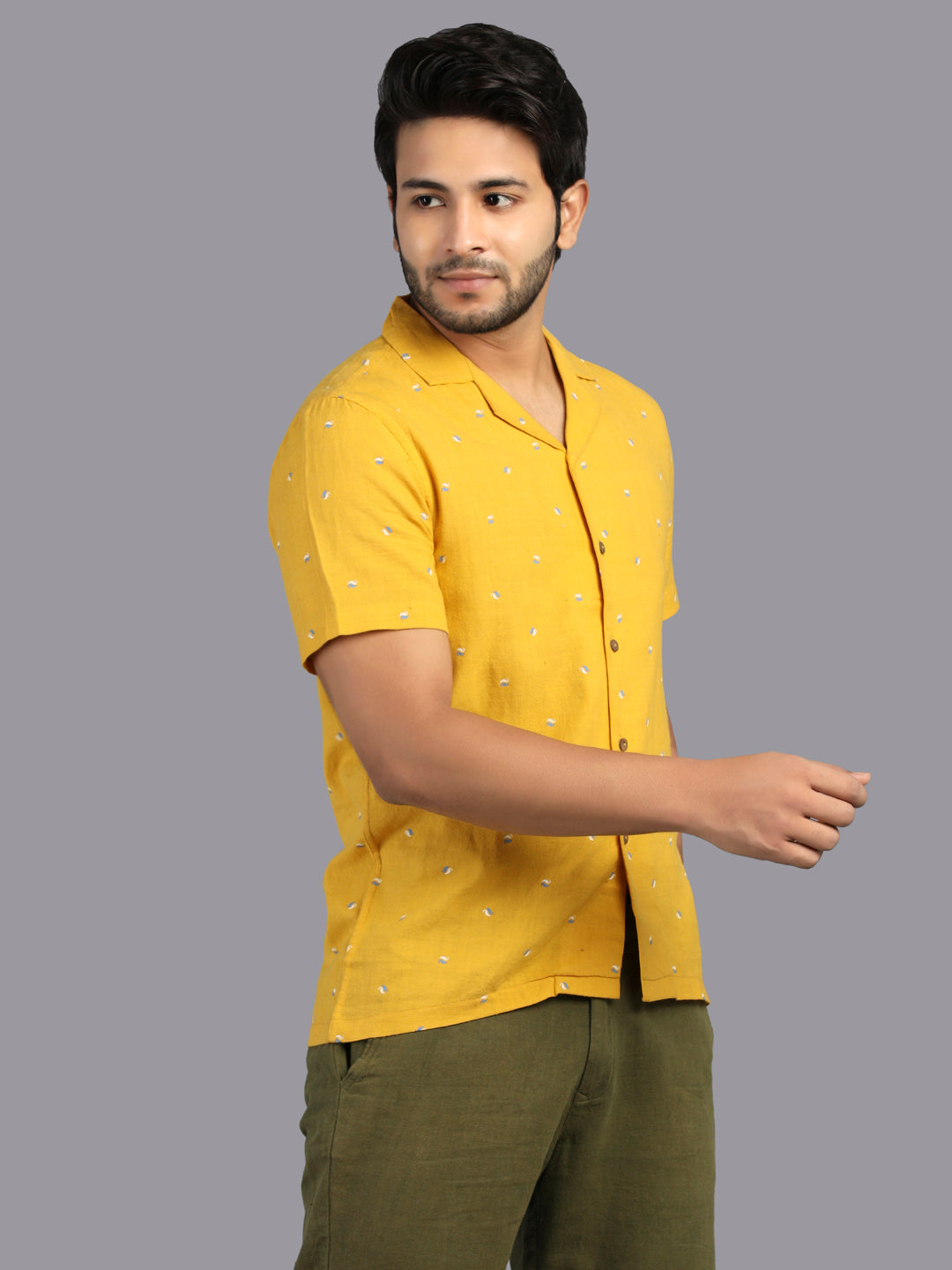 Eco Khadi Cotton Yellow Printed Shirt with Camp Collar - Aagastya