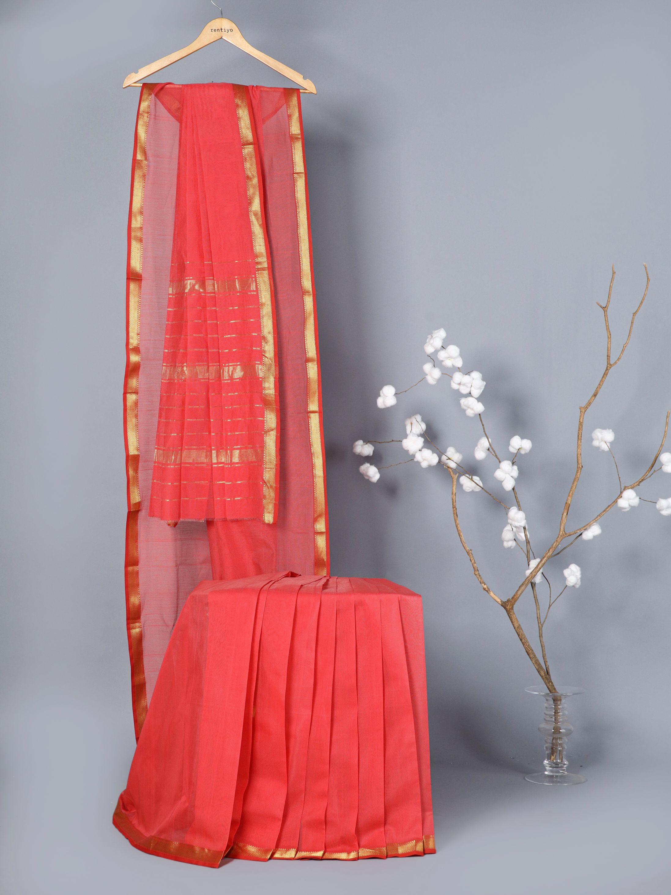 Eco Khadi Maheswari Cotton Red Saree with Ghicha Stripes Border