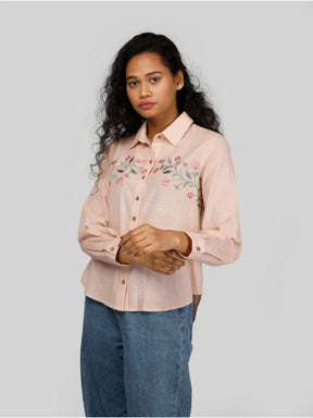 Eco Khadi Cotton Classic Embroidered Pink Shirt - Meera