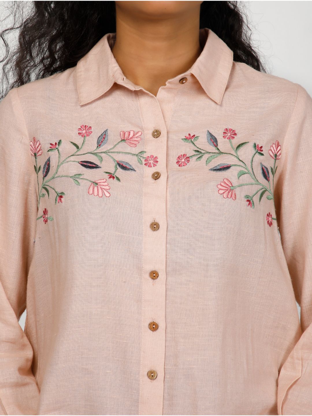 Eco Khadi Cotton Classic Embroidered Pink Shirt - Meera