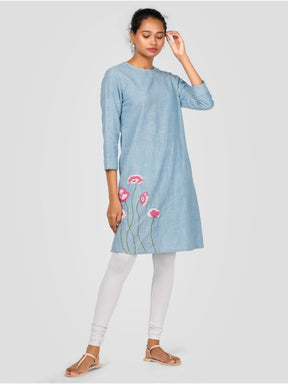 Eco Khadi Silk Embroidered  Chambray Kurta