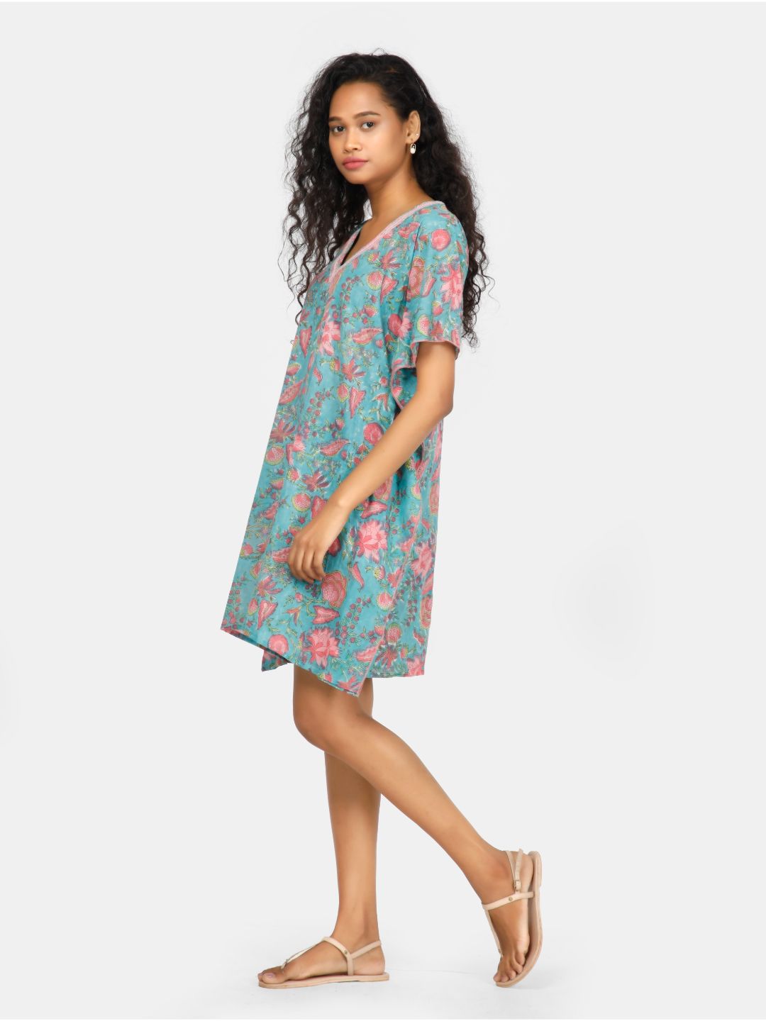 Eco Khadi Cotton Block Printed Blue Kimono - Barkha