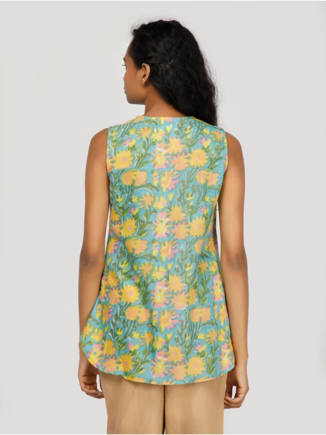 Eco Khadi Cotton Multicolor Block Printed Sleeveless Top - Lavanya