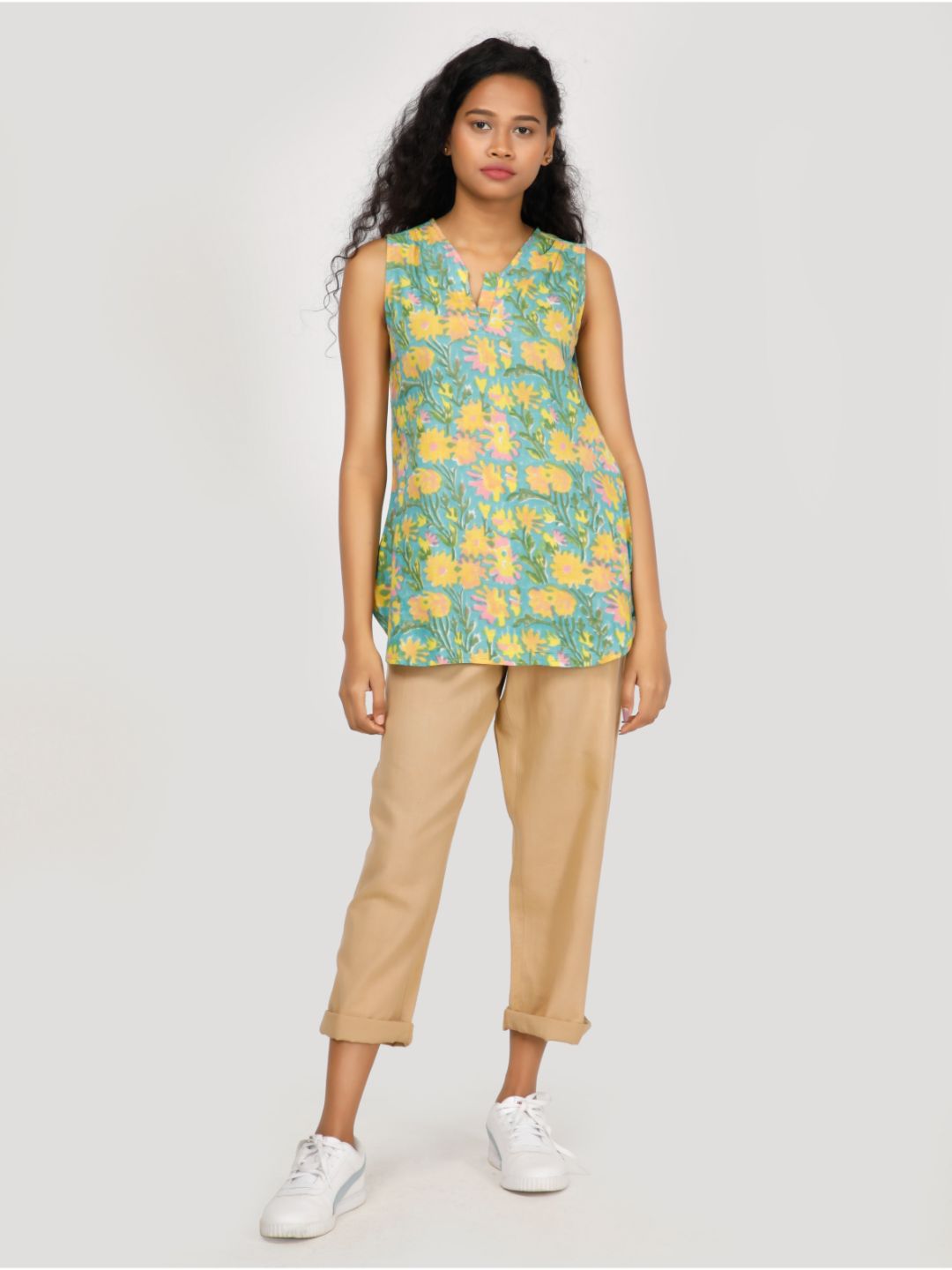 Eco Khadi Cotton Multicolor Block Printed Sleeveless Top - Lavanya
