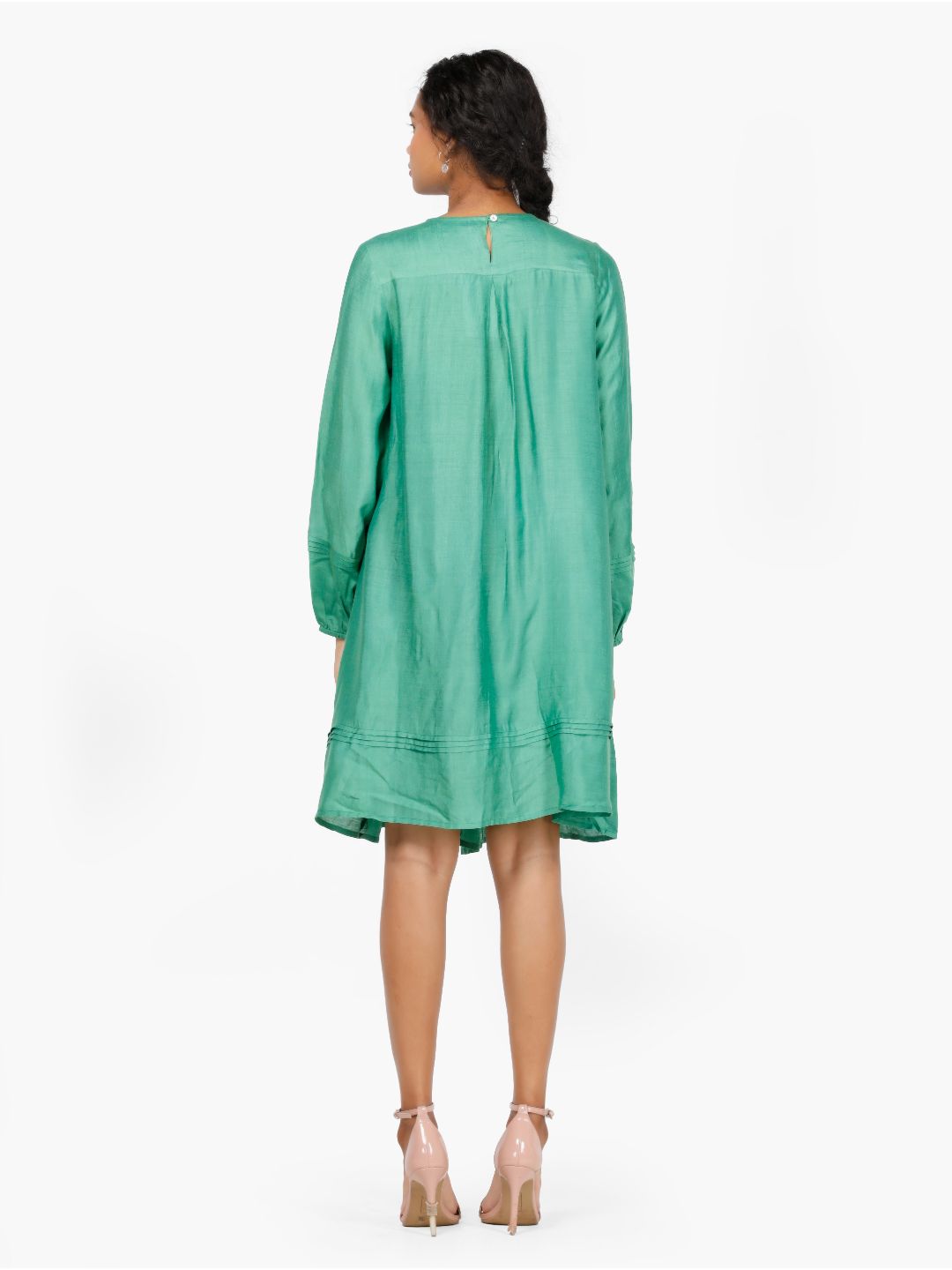 Eco Khadi Silk Hand Embroidered Green Tunic Dress