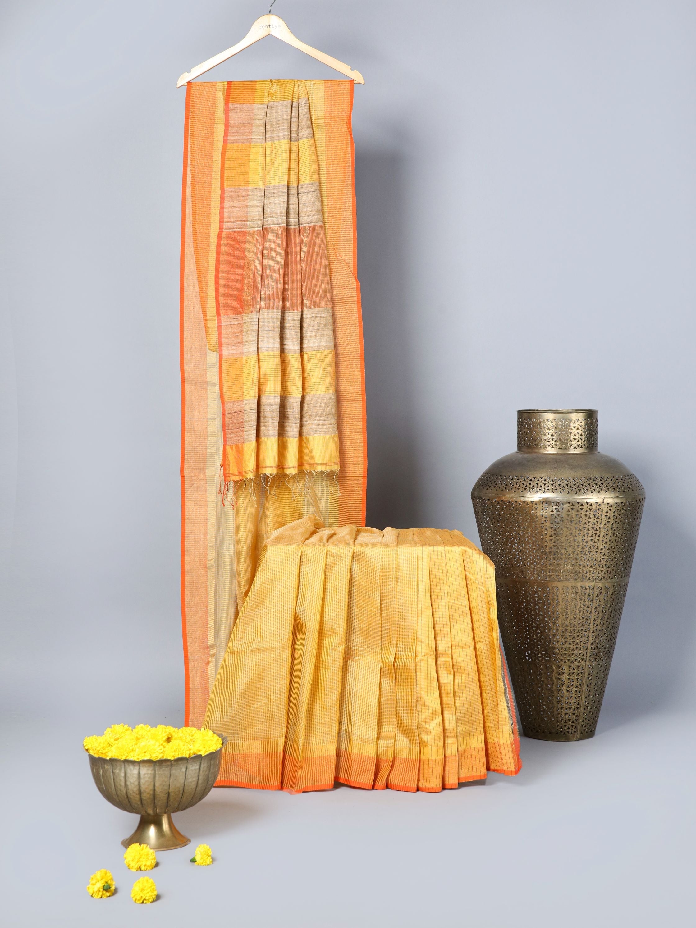 Eco Khadi Silk Tussar Yellow saree with Black Stripes