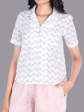 Eco Khadi Cotton Muslin White Shirt with Cat Print