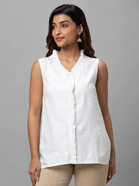 Eco Khadi Cotton White Ruffled Sleeveles Top - Aria