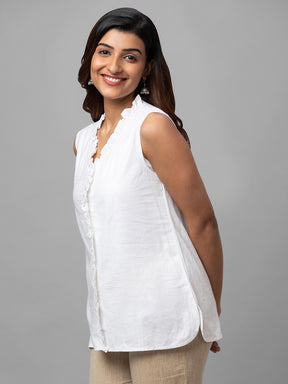 Eco Khadi Cotton White Ruffled Sleeveles Top - Aria