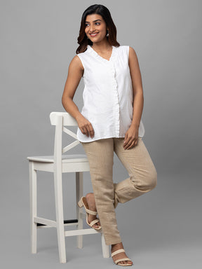 Eco Khadi Cotton White Ruffled Sleeveles Top - Aria