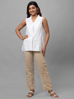 Eco Khadi Cotton White Ruffled Sleeveles Top - Aria