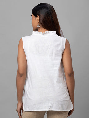 Eco Khadi Cotton White Ruffled Sleeveles Top - Aria