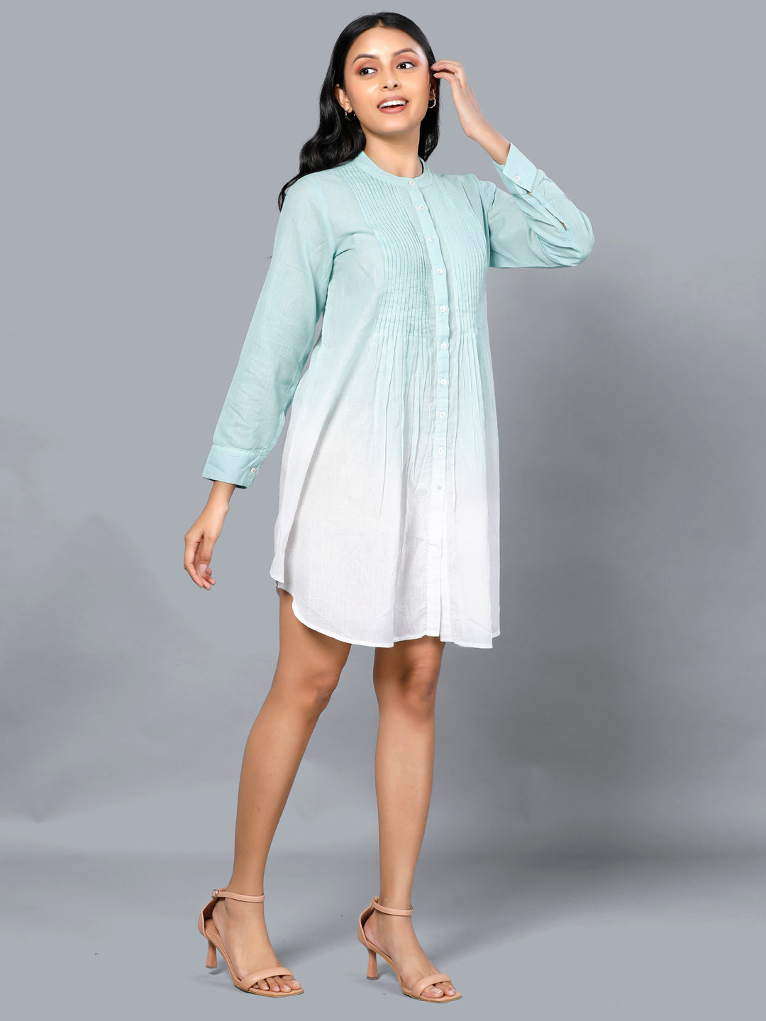 Eco Khadi Cotton Blue Salt Ombre Pintucks Tunic