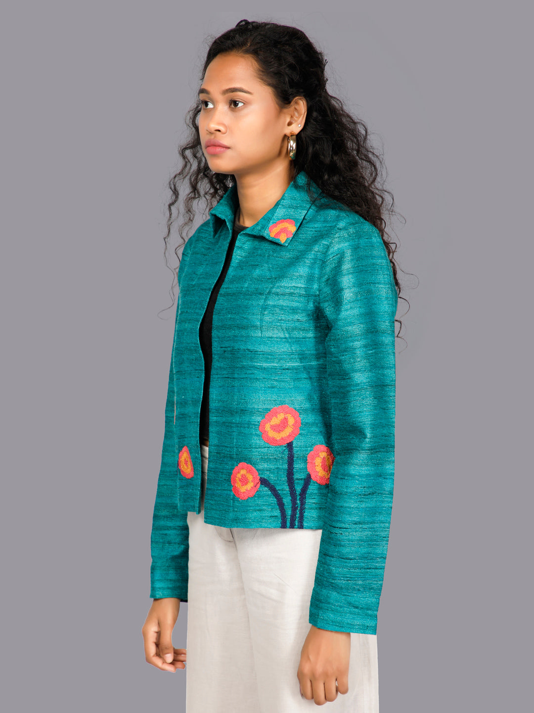 Zaya Teal Embroidered Khadi Silk Jacket