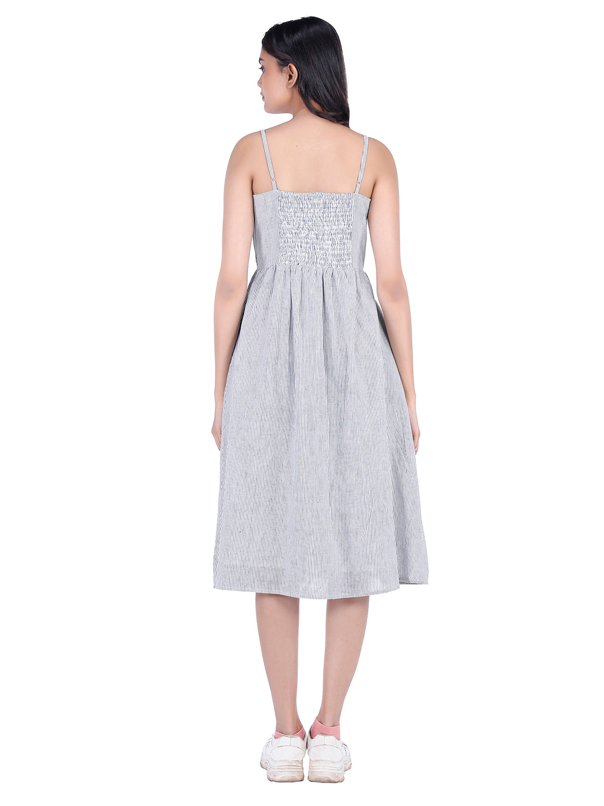 Eco Khadi Cotton Blue Pinstripe Sun Dress with Floral Embroidery - Madhu