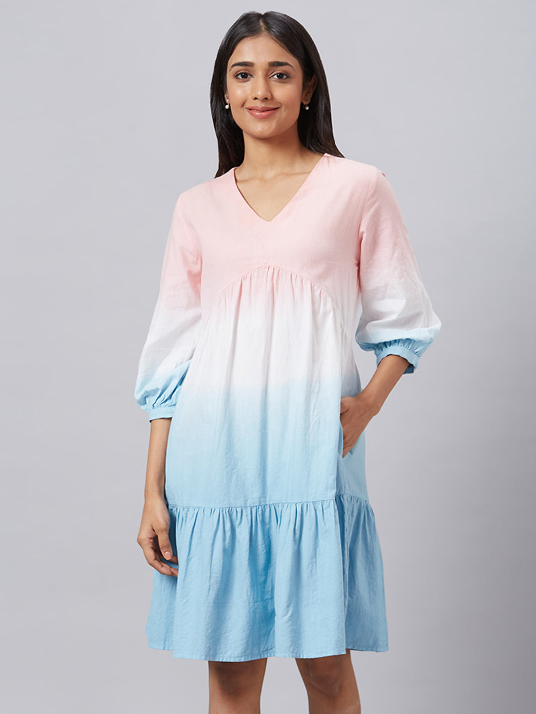 Eco Khadi Muslin Pink Blue Ombre Tier Dress