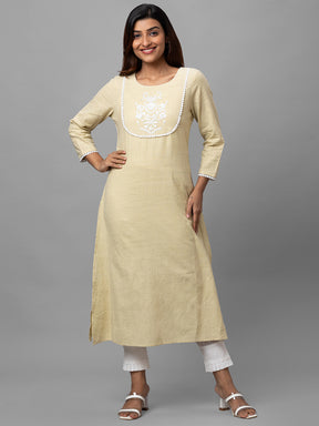 Eco Khadi Cotton Cream Kurta with Cord Embroidery and Lace - Shakti