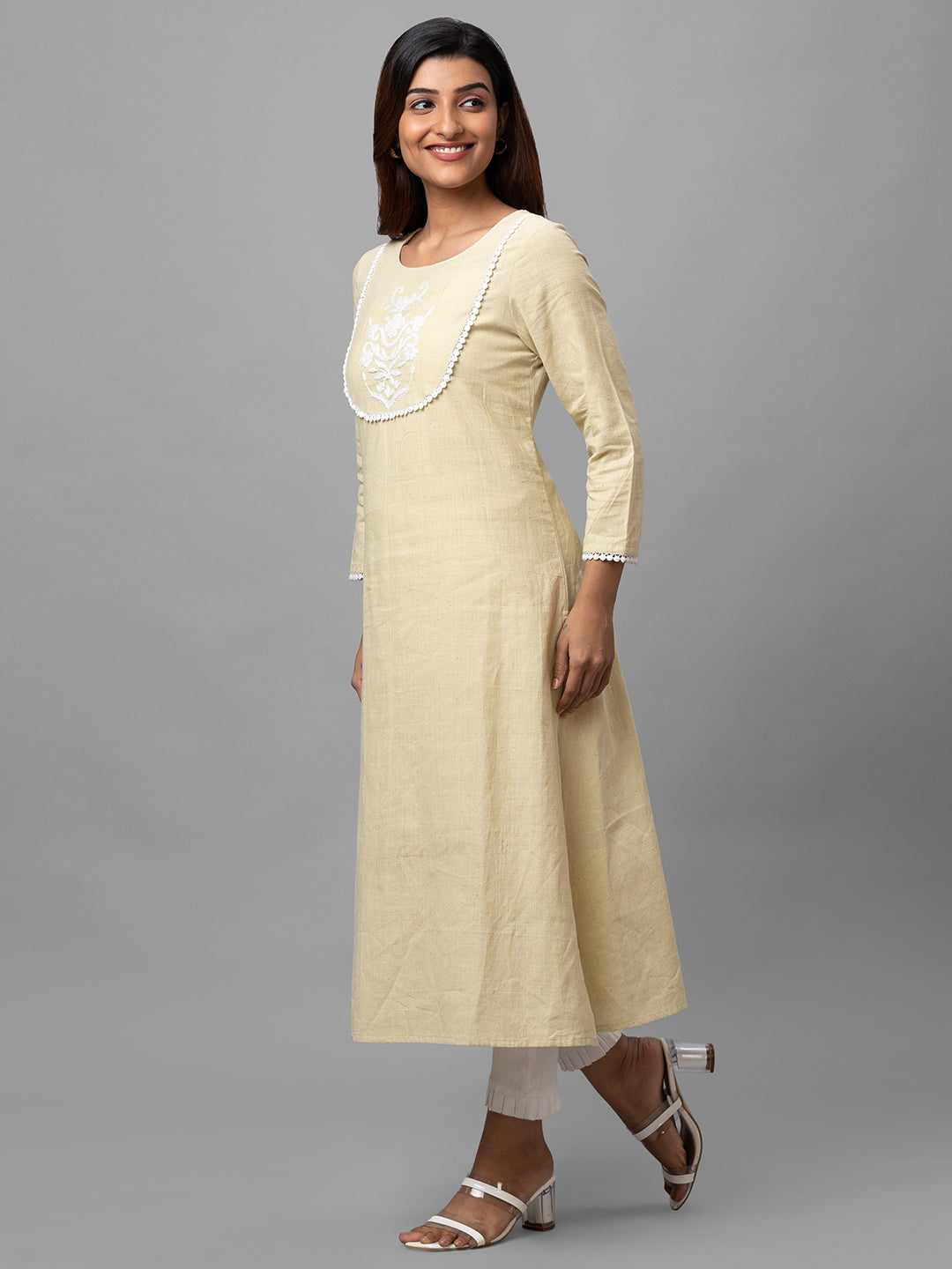 Eco Khadi Cotton Cream Kurta with Cord Embroidery and Lace - Shakti