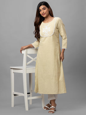 Eco Khadi Cotton Cream Kurta with Cord Embroidery and Lace - Shakti