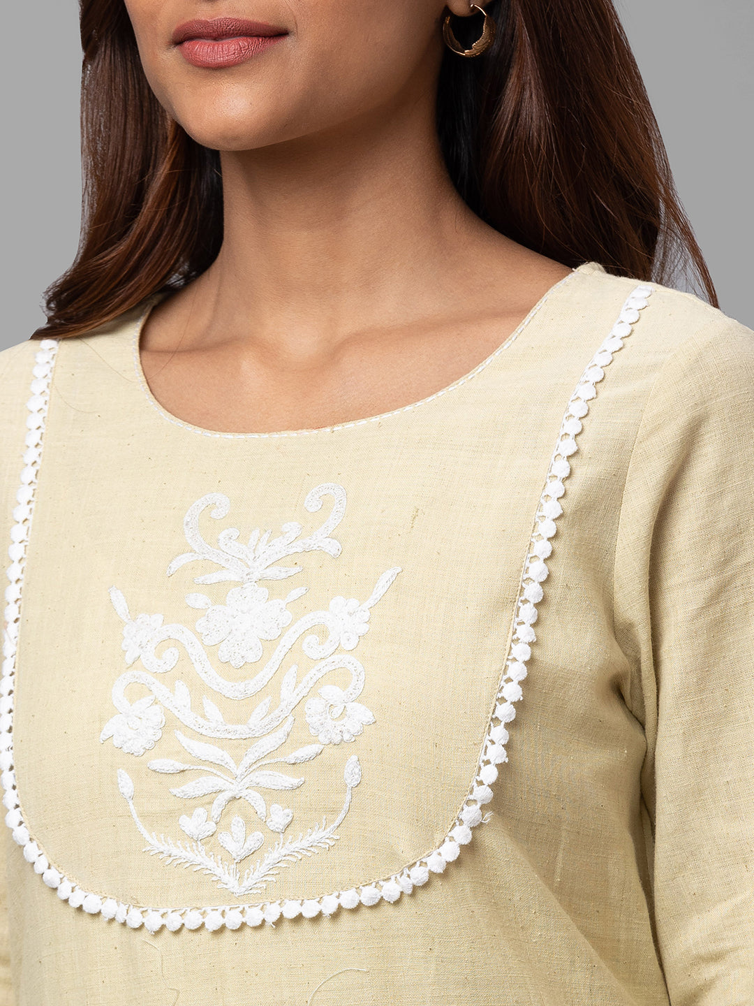 Eco Khadi Cotton Cream Kurta with Cord Embroidery and Lace - Shakti