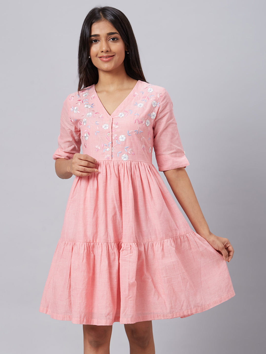 Eco Khadi Sustainable Conscious Cotton Light Pink Floral Embroidered Tier Dress - Gulbagh