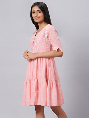 Eco Khadi Cotton Light Pink Floral Embroidered Tier Dress - Gulbagh