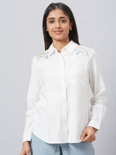 Eco Khadi Cotton White Classic Shirt with Placement Floral Embroidery