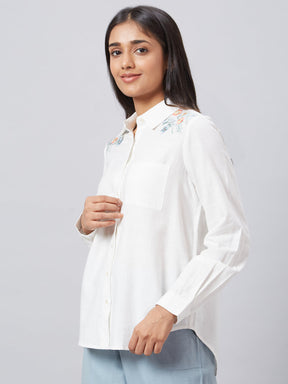 Eco Khadi Cotton White Classic Shirt with Placement Floral Embroidery