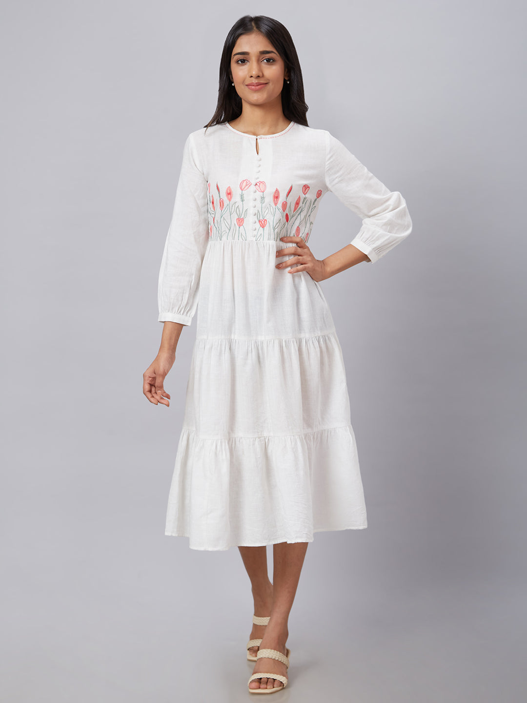 Eco Khadi Cotton White Floral Embroidered Tier Dress - Kaveri