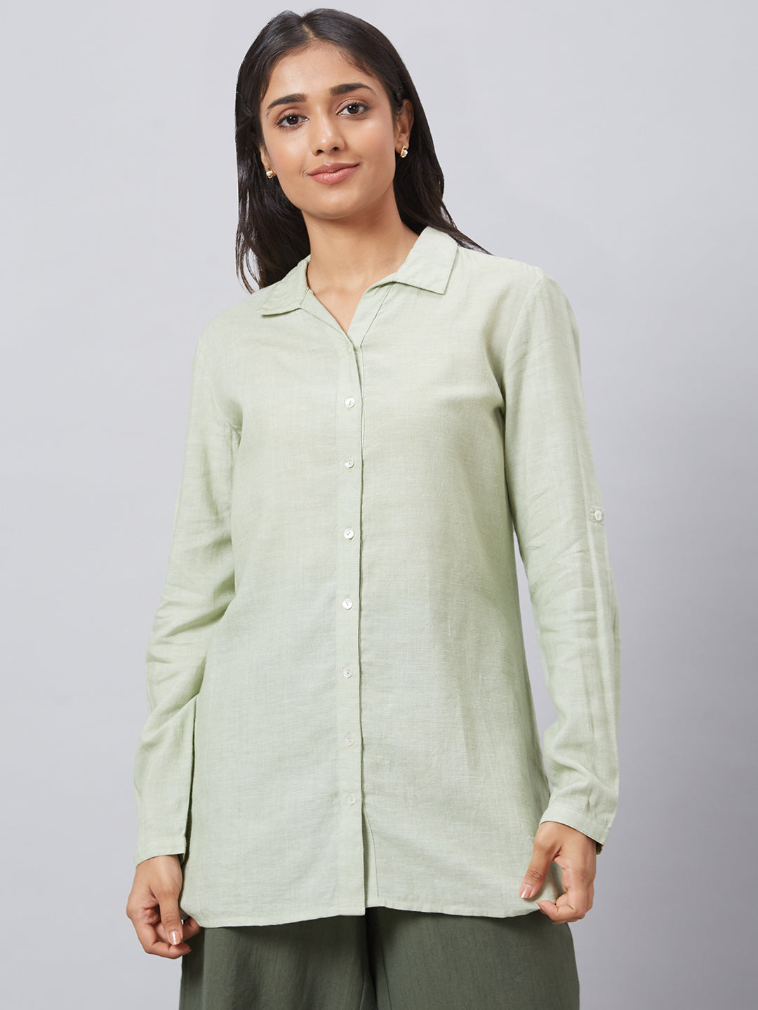 Eco Khadi Cotton Classic Mist Green Long Shirt